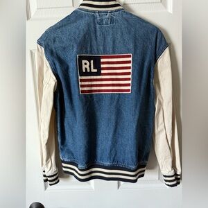 Polo Ralph Lauren Blue USA Flag Logo Bomber Jacket Womens Size XS